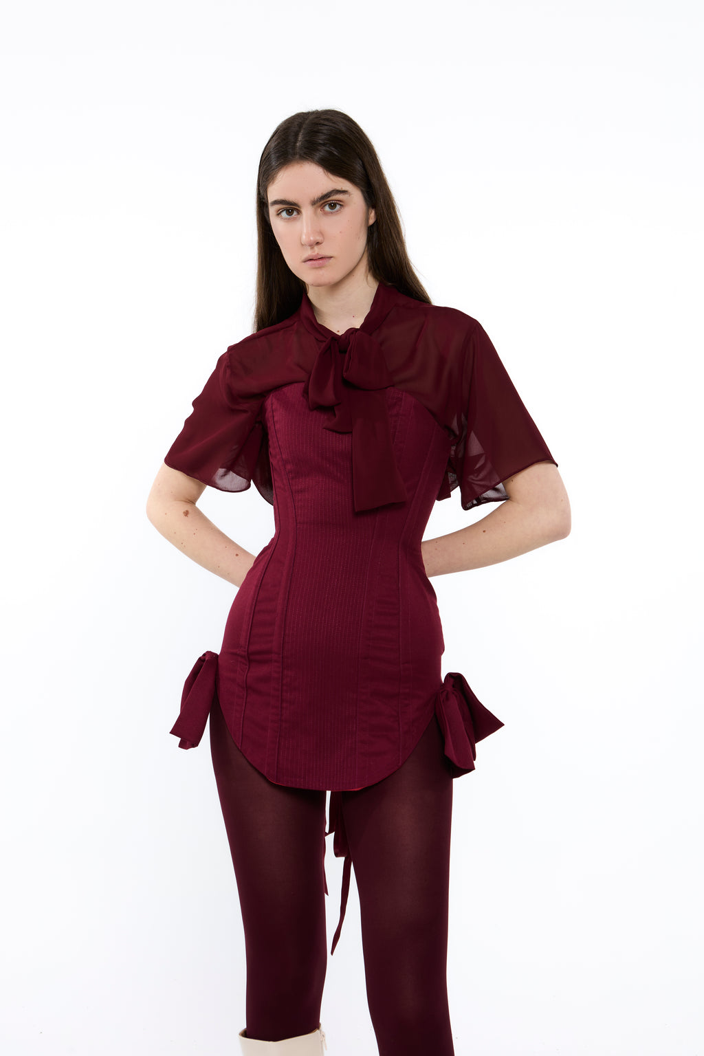 CAMISA DE GASA MANGA CORTA CON LAZADA EN EL CUELLO